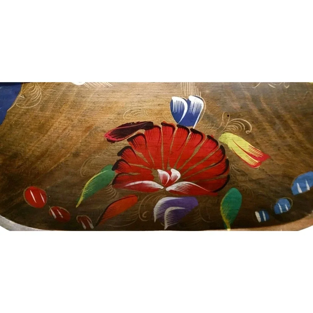 VINTAGE Mexican MEXICO Folk Art Batea Wood Serving Bowl HAND PAINTED Spoon, Fork